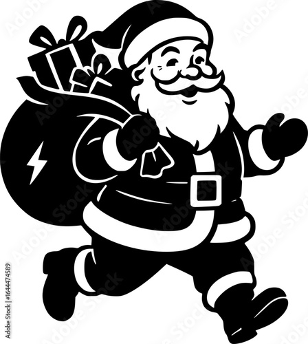 A stylized, black and white illustration of Santa Claus running with a large gift bag that has a lightning bolt design.