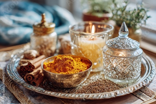 Beautiful Arrangement of Natural Spices and Candle on Silver Tray for Cozy Home Decor and Aromatic Experience in a Well-lit Environment