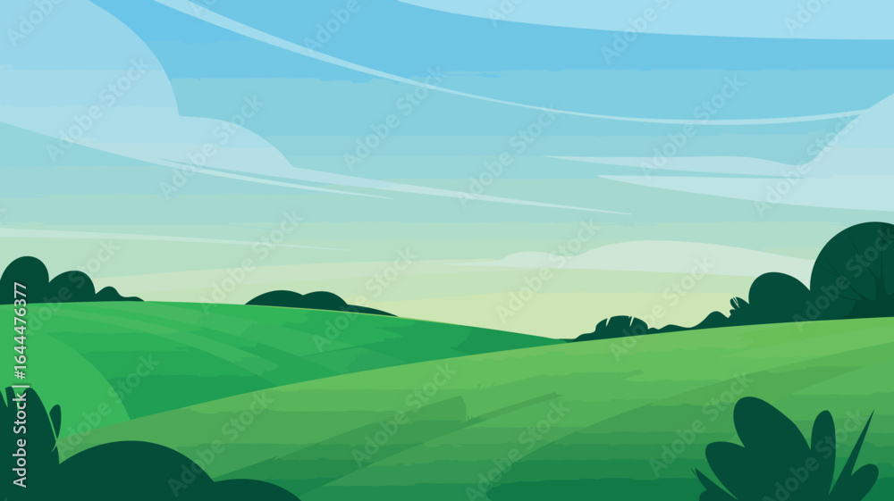 Fototapeta premium Cartoon landscape with rolling green hills, bushes and a cloudy sky