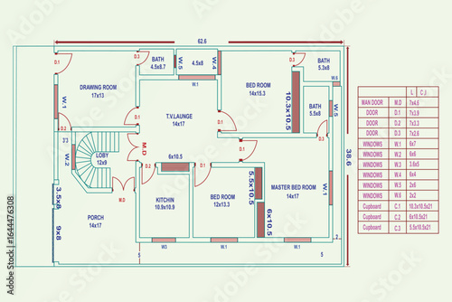 Residential building floor plan vector art, detailed architectural blueprint with dimensions, labeled rooms, and house size 62.6 by 38.6 feet