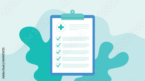Teal clipboard with checklist and medical cross icon on a white background