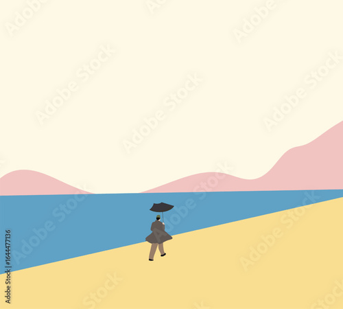 Man wearing brown suit holding umbrella struggling with strong wind. Nature calm lake with pink mountain.