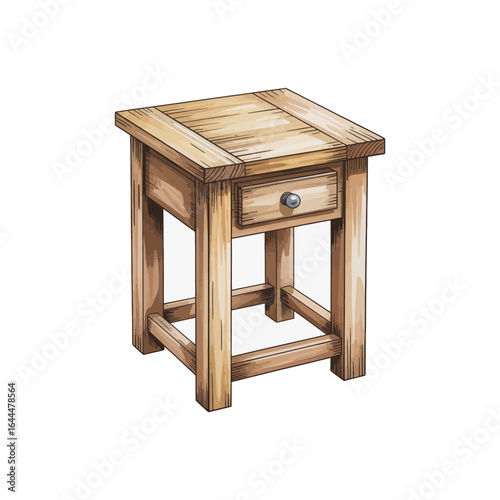 Hand drawn wooden nightstand with one drawer on a white background
