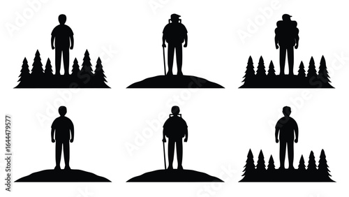 Silhouettes of hikers and trees backpack trekking pole