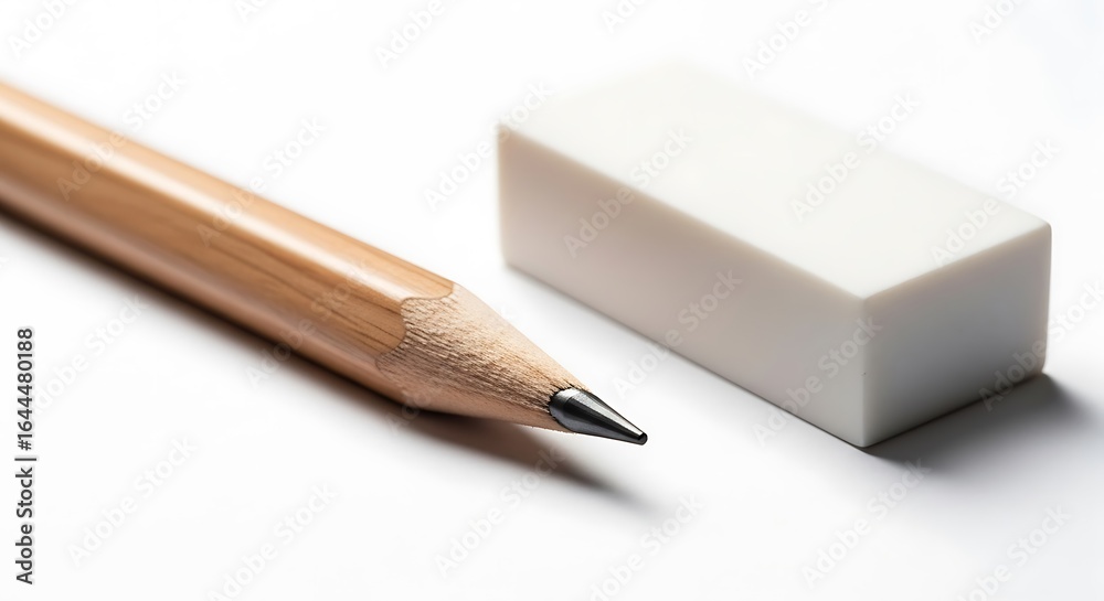Fototapeta premium A sharpened wooden pencil lies next to a clean white rectangular eraser on a plain white background, suggesting preparation for writing or drawing.
