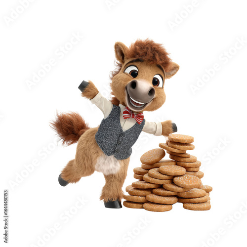 Cheerful Cartoon Horse with a Stack of Delicious Cookies