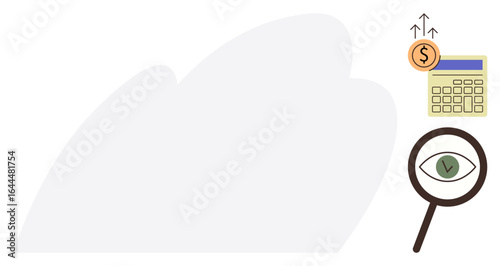 Magnifying glass with checkmark near eye, calculator, and rising dollar sign. Ideal for finance, budgeting, investment, analysis, growth auditing review. Minimalist flat metaphor