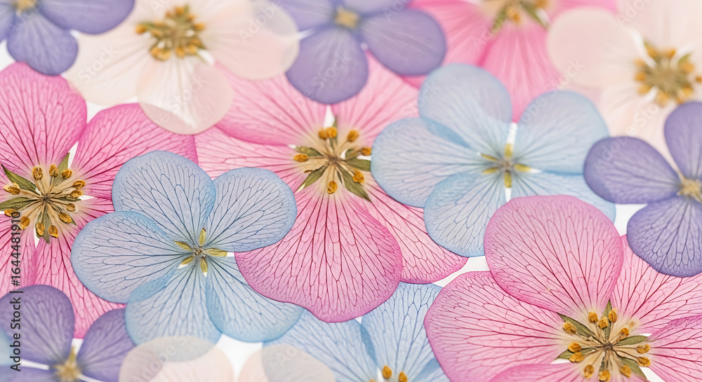 Naklejka premium Colorful pressed flowers with translucent petals showing delicate veins.