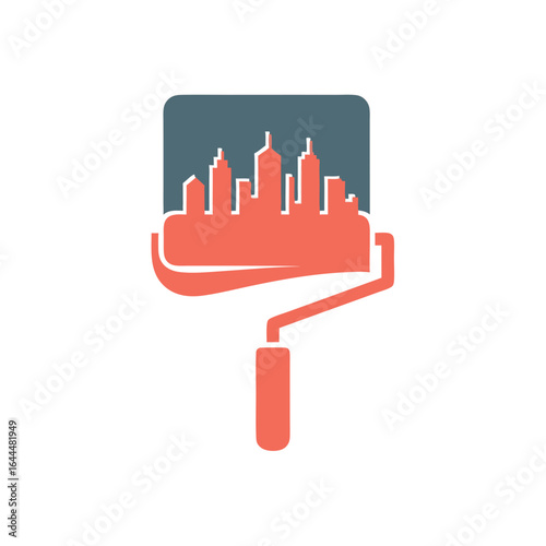 vector of a paint roller creating a city skyline, symbolizing urban development, renovation, and creativity.