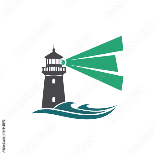 vector of a lighthouse emitting a green beam over waves, symbolizing guidance, safety, and navigation.