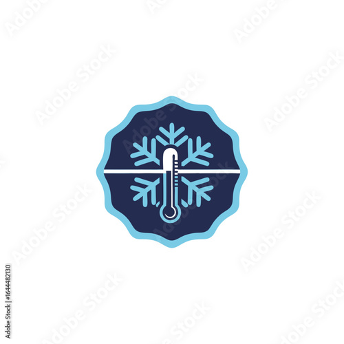 vector of a snowflake and thermometer in a badge, symbolizing cold temperature, refrigeration, or winter conditions