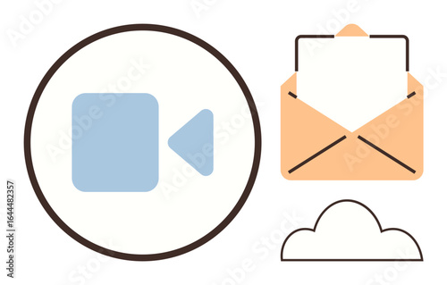 Camera icon within a circle, an open envelope with a letter, and a cloud. Ideal for video communication, email, data sharing, cloud storage, remote work, digital connection and technology concepts