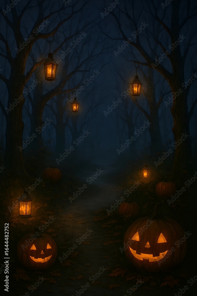 Fototapeta premium Twilight Forest Path with Glowing Lanterns, Pumpkins, and Halloween Fog
