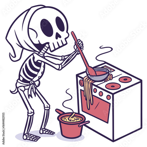 Skeleton character cooking soup on a stove with a ladle and pot of steaming noodles broth