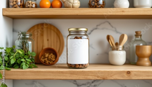 unlabeled jar mockup on kitchen shelf