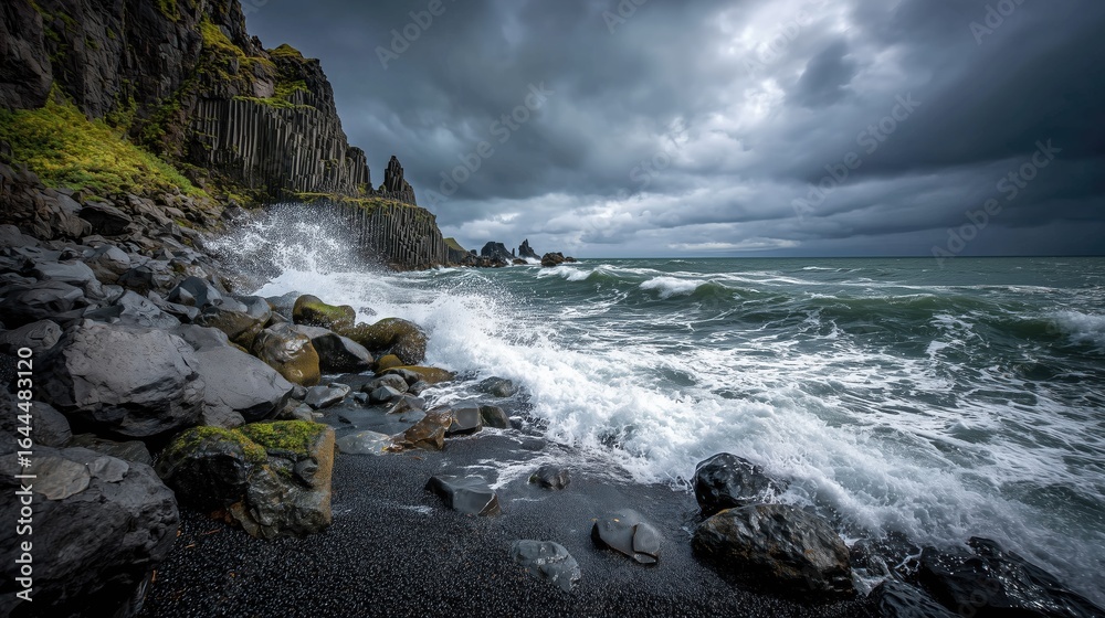 Fototapeta premium Iceland Black Sand Beach with Massive Crashing Waves, Basalt Columns, and Dramatic Overcast Sky in National Geographic Style Nature Photography