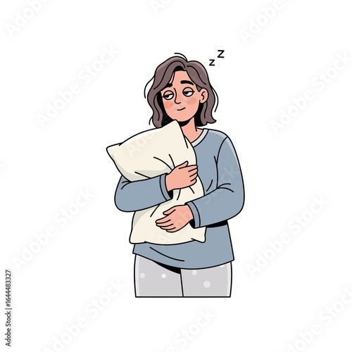 Sleepy Woman in Pajamas Holding a Pillow.