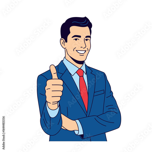 Confident cartoon businessman in blue suit and red tie smiling and giving a positive thumbsup gesture.