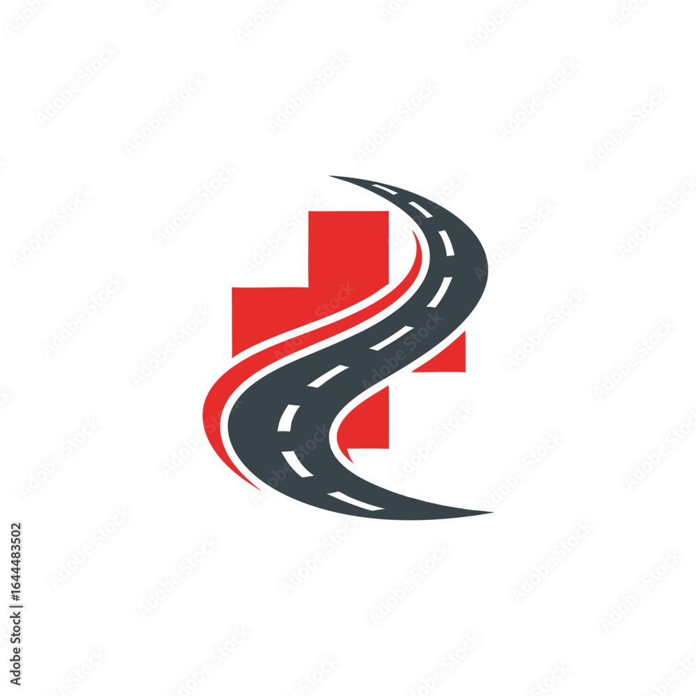 vector of a winding road crossing a red medical cross, symbolizing healthcare and emergency transport vector of a winding road crossing a red medical cross, symbolizing healthcare and emergency transport