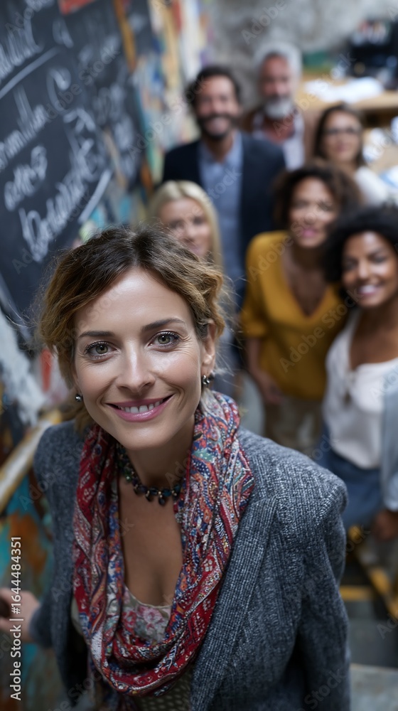 Obraz premium Smiling Woman and Group of People on Stairs.