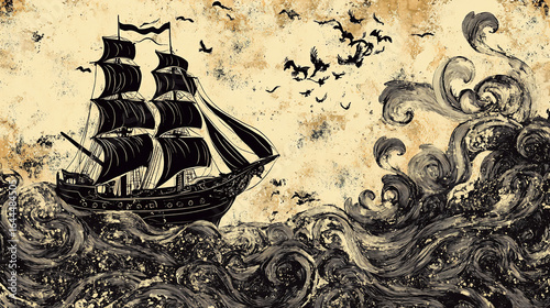 Vintage hand-drawn seamless pirate ship illustration with ship silhouette blending into swirls of wind water and sea creatures