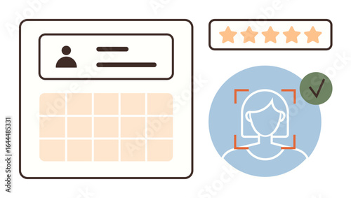 User profile interface with photo, name, and rating stars, alongside face recognition verification. Ideal for identity verification, rating, feedback, biometrics, security user profiles