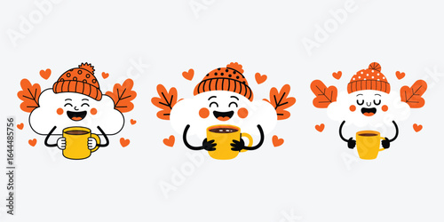 Cartoon clouds wearing hats cheerfully hold cups against a white backdrop with hearts and leaves