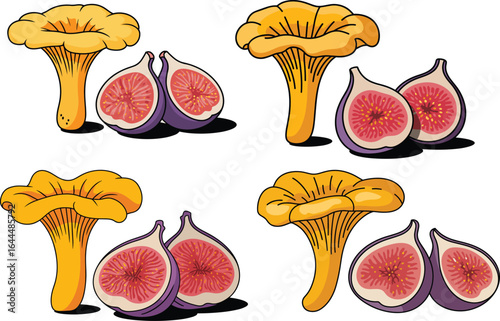 Cartoon chanterelle mushrooms and fig fruit slices are pictured on a white background in the image