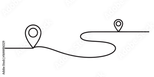 Black line drawing of destination location pointers with route on a white background