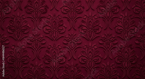 Deep Red Embossed Damask Floral Pattern Wallpaper Texture.