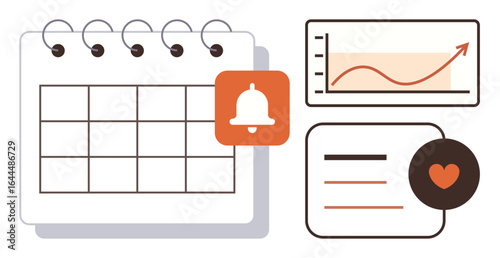 Calendar with reminder bell, upward trend graph, task list, and heart icon emphasize productivity, time management, analytics, goal setting, tracking progress. Ideal for scheduling organization