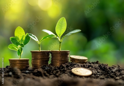Green shoots emerging from coins represent financial growth.