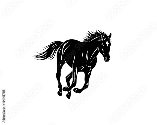 Black and white silhouette of a galloping horse.