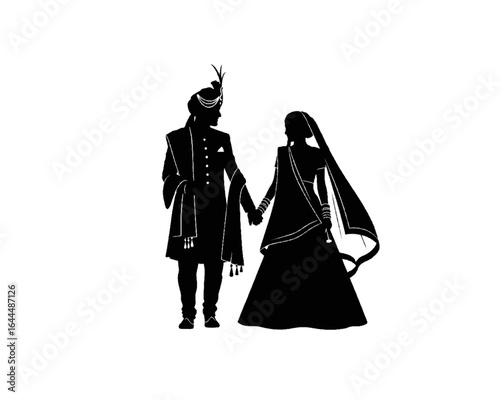 A black silhouette of an Indian bride and groom in traditional wedding attire holding hands.