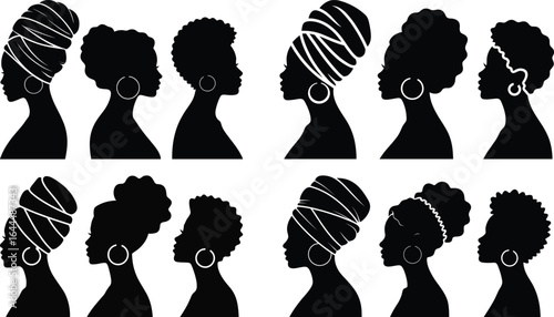 Silhouetted African woman portraits featuring different hairstyles and headwraps and wearing hoop earrings on transparent background