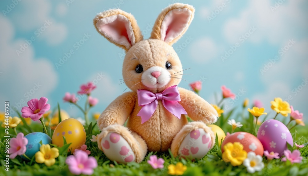 Obraz premium easter bunny plush toy with bow, spring, no people, no text, no logo