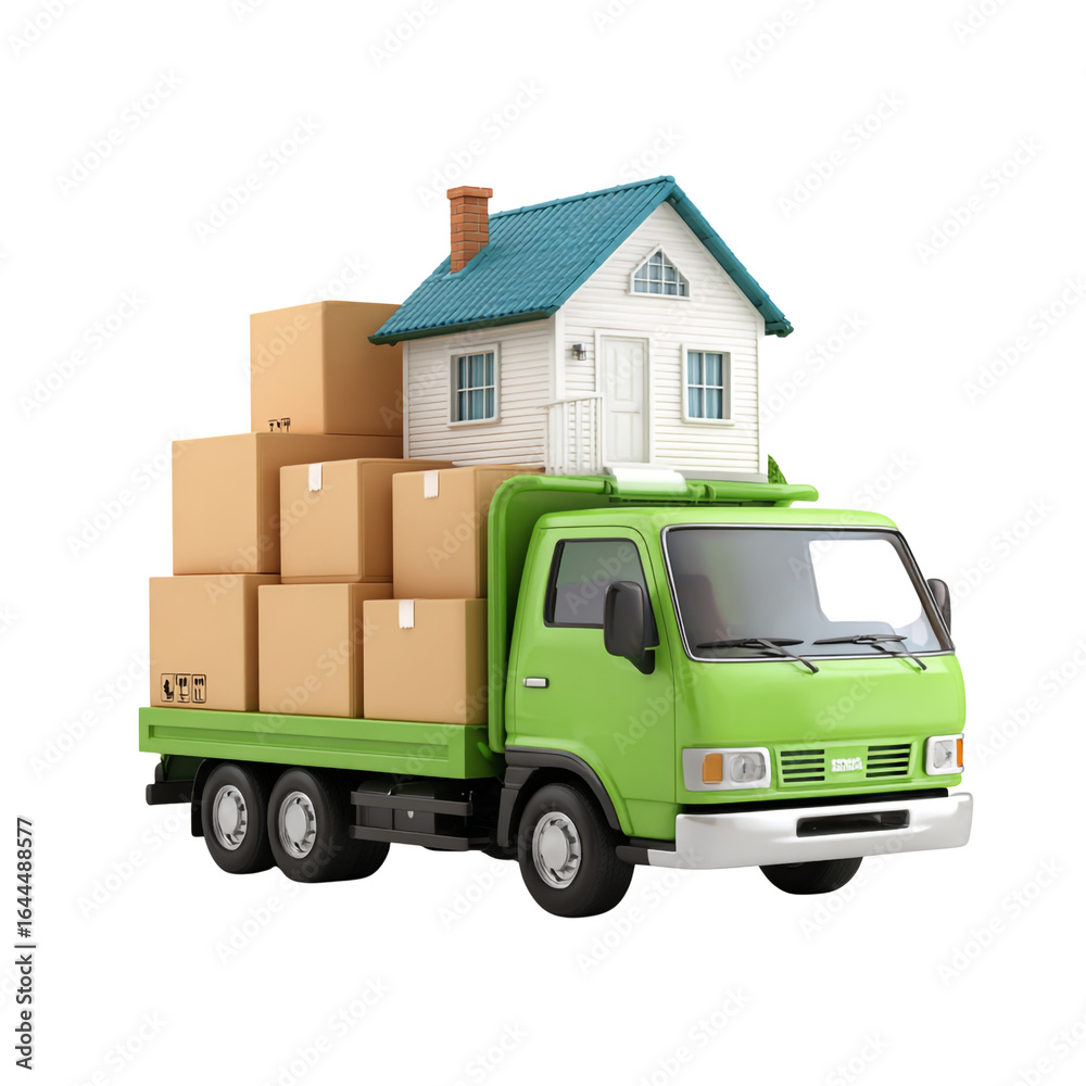 Obraz premium Green moving truck carrying a house and boxes, isolated on transparent background