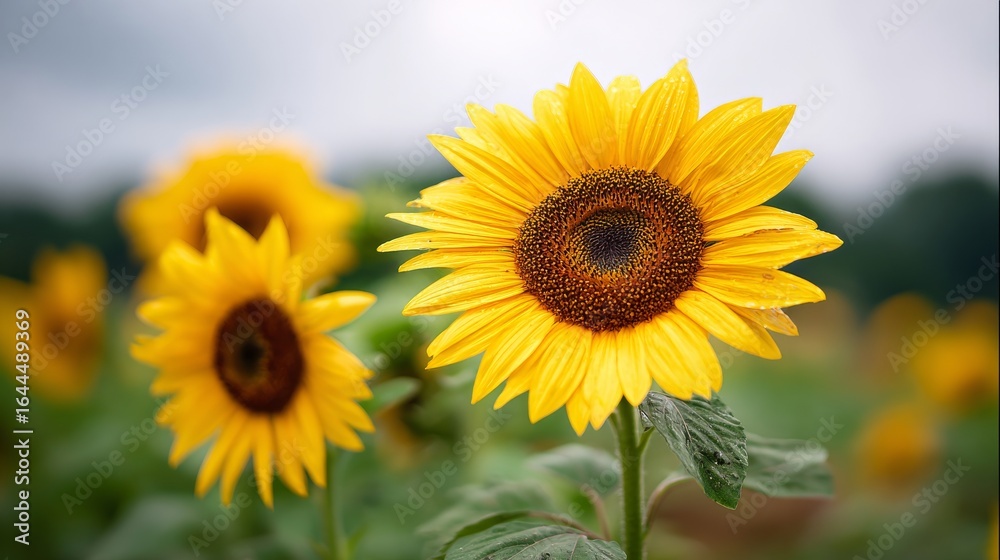 Fototapeta premium A field of vibrant sunflowers is dominated by a single prominent bloom set against a cloudy sky