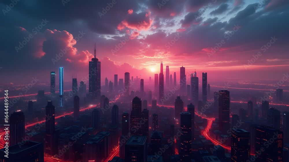 Fototapeta premium Magenta Sunset Over a Modern City Skyline