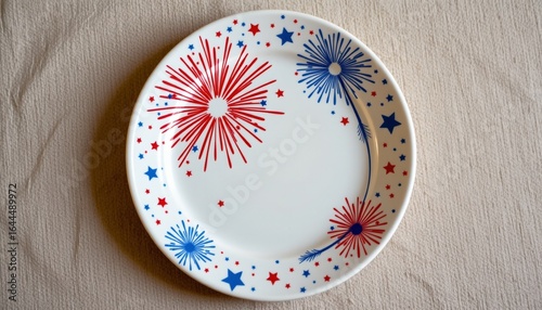 fireworks motif ceramic plate, july 4th, no people, no text, no logo