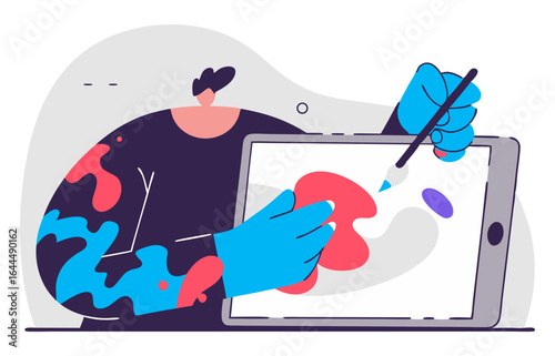 An illustration of a person with paint splatters, using a large digital tablet and a stylus to create art, symbolizing digital art, graphic design, and creative work.