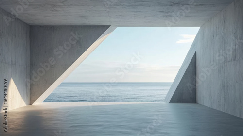 Abstract empty, modern concrete room with light diagonal wall opening with ocean view on the back wall