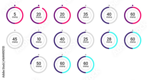 Collection of modern circular progress bar timers showing minute intervals. Digital UI kit elements for dashboard and infographic design.