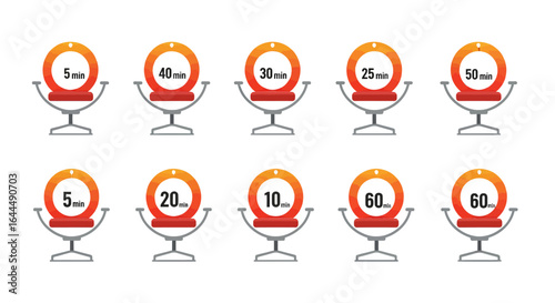 Set of Modern Digital Countdown Timers, Each Displaying Various Time Intervals for Efficient Task Management, Productivity, and Scheduling Purposes on a Clean Background.