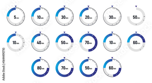 Clock face illustrations showcasing various time intervals 5, 10, 20, 30, 40, 50, 60, 70, and 80 seconds