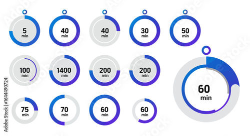 Collection of circular timers and countdown clocks with varying minutes and color gradients