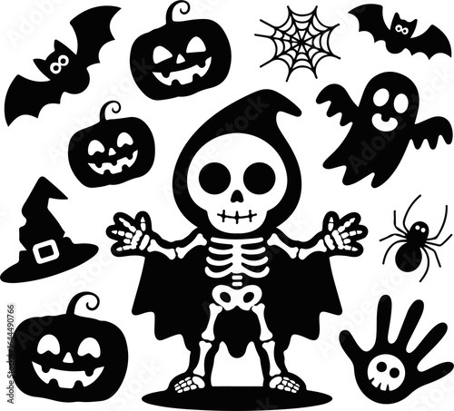 Spooky Halloween icons collection with pumpkins, skull, ghost, spider web, bats and witch hat for seasonal designs