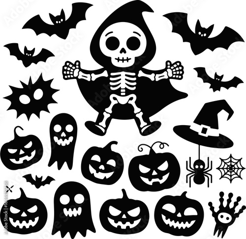 Spooky Halloween silhouettes featuring bats, ghosts, pumpkins, spiderwebs, and a grim reaper character design for festive projects