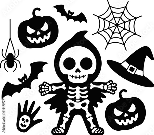 Spooky Halloween silhouette icons featuring pumpkins, bats, spiderwebs, and a skeleton for creative holiday designs
