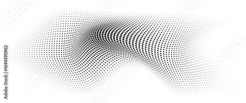 Flowing Wave Dot Halftone Pattern: Curve Gradient Shape on Transparent Background. Suitable for AI, Tech, Network, Digital, Science, and Technology Themes.
